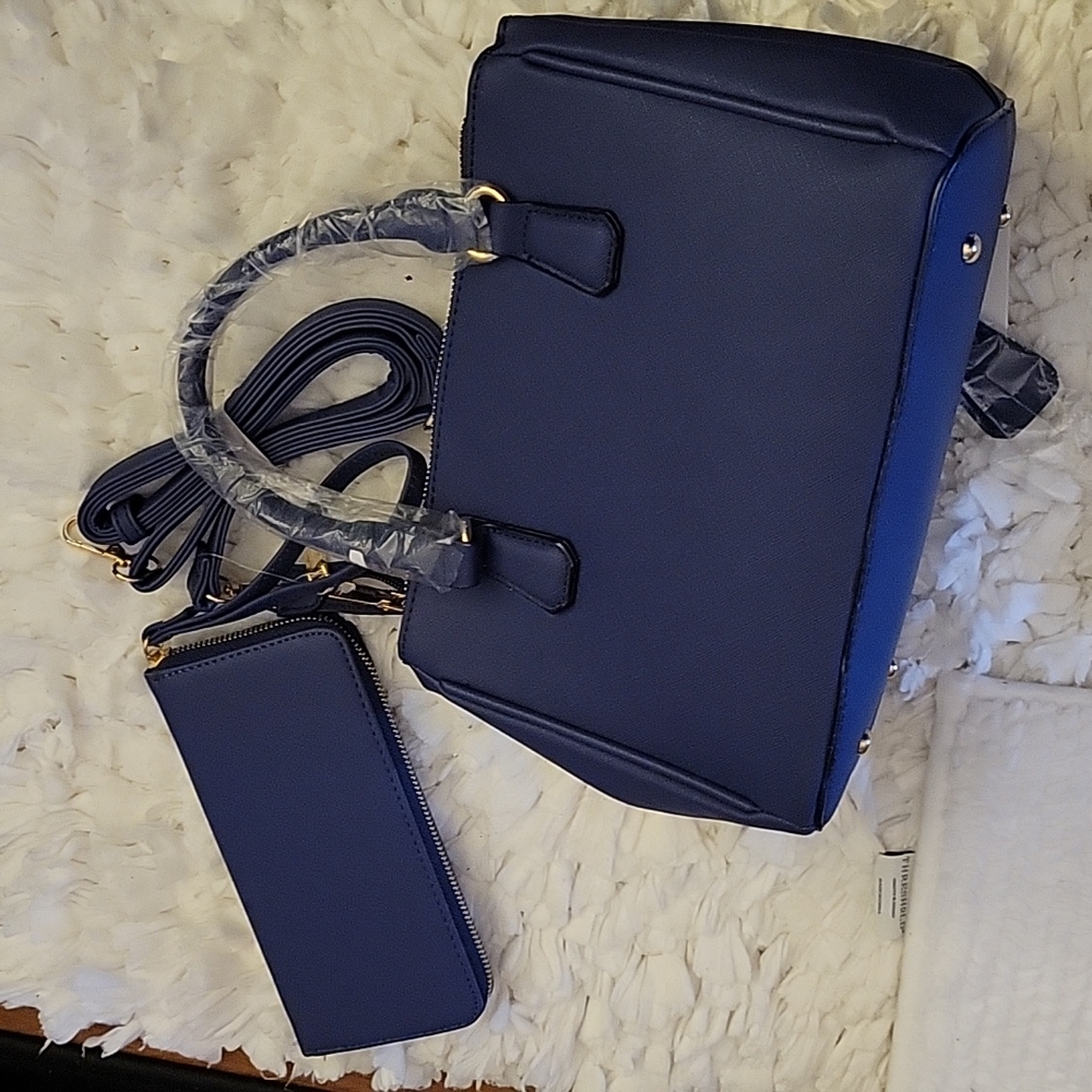 FASHION PUZZLE 2 piece Triple Zip Satchel bag & zip around wallet Dark Blue NEW…